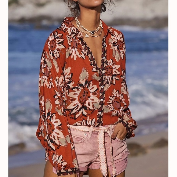 Free People Tops - Free People Floral Button Down Shirt - Orange and White